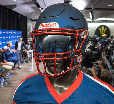 Closeup of Alliance league football helmet