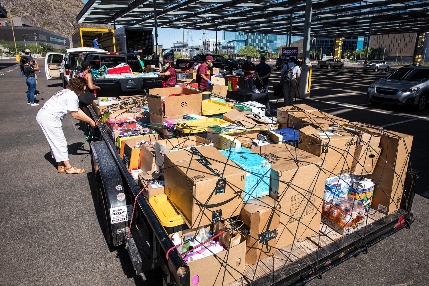 full truck trailer of donated food boxes