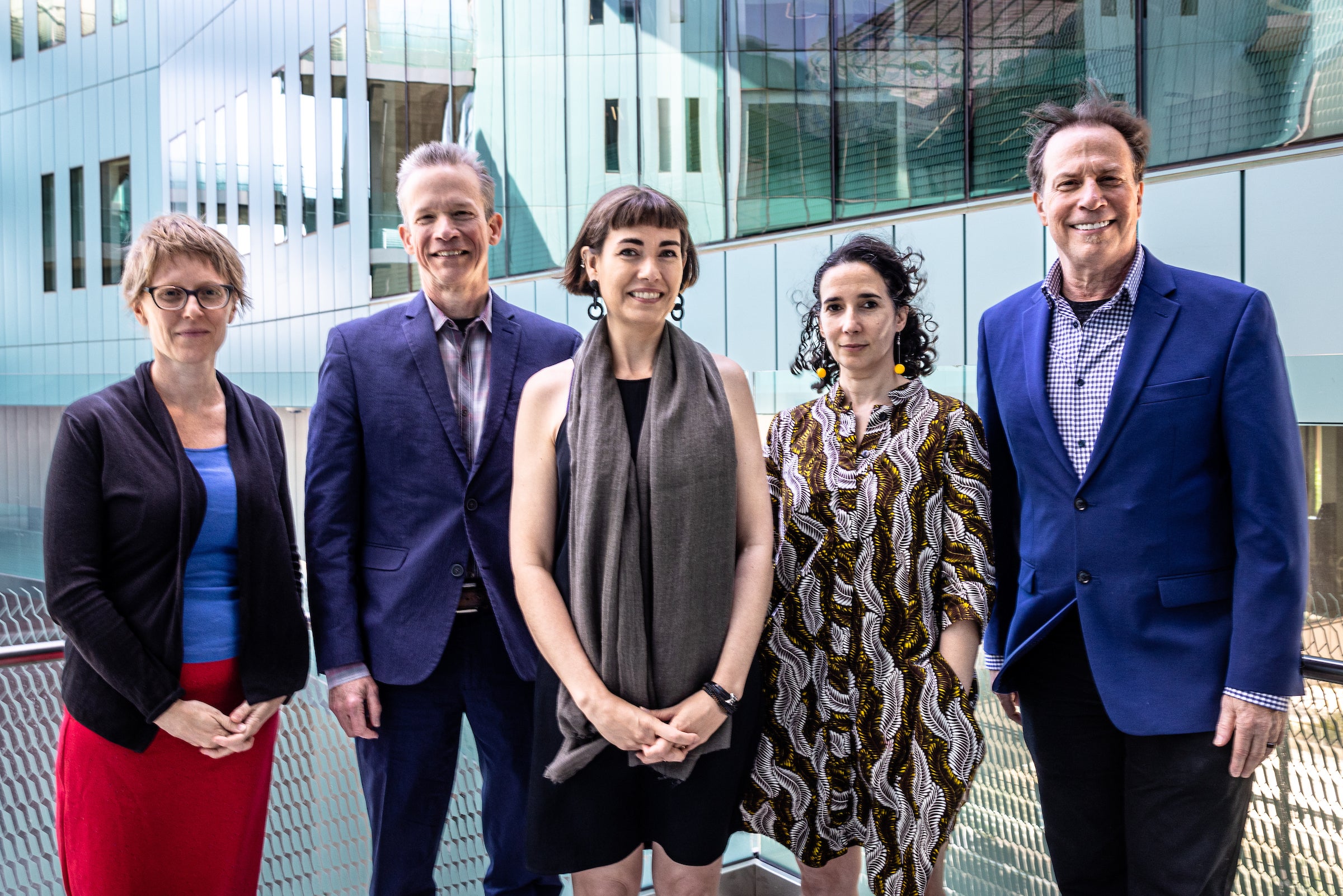 Group photo of (from left to right) ASU Assistant Professor Sarah Viren, cDavid Montgomery, Meehan Crist, Emily Raboteau and ASU Cronkite Professor of Practice Stephen Beschloss.