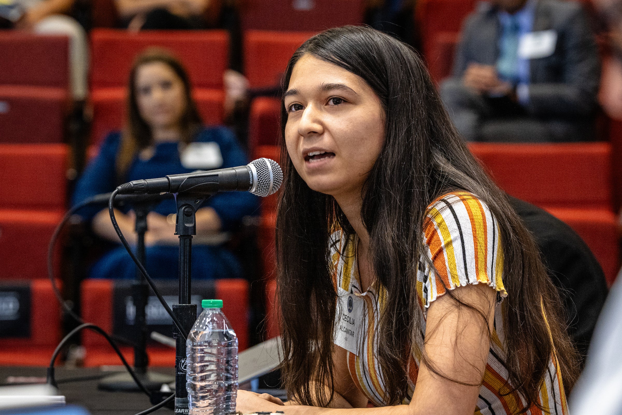 Woman speaking into microphone during meeting