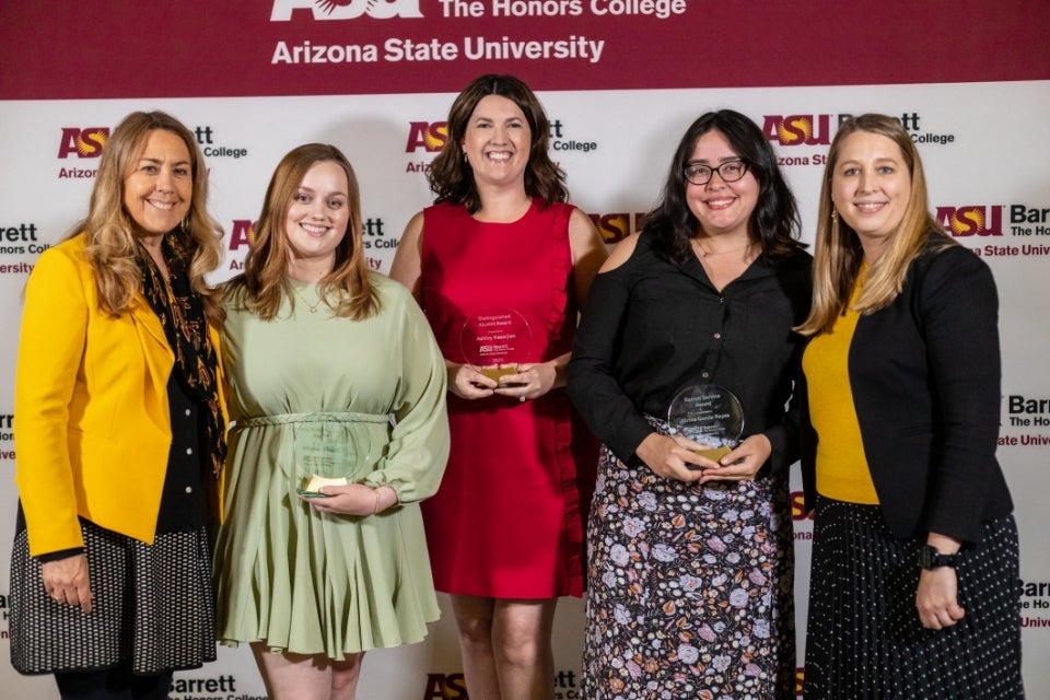 Barrett Vice Dean Kristen Hermann, Windsor Smith, Ashley Kasarjian, Mirtha Garcia Reyes and Barrett Dean Tara Williams posing for a photo together.