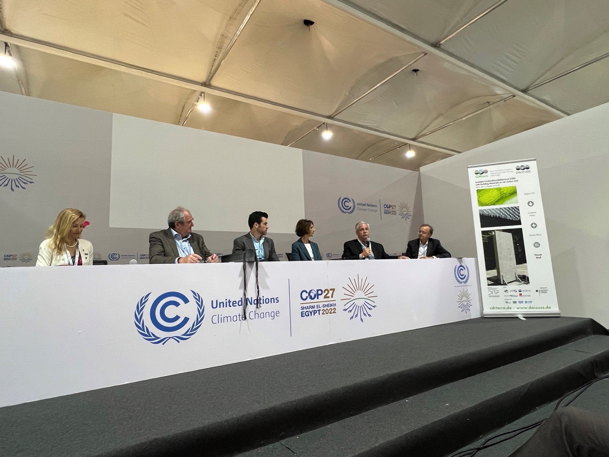 Peter Schlosser and Amanda Ellis participate in a panel at COP27. 