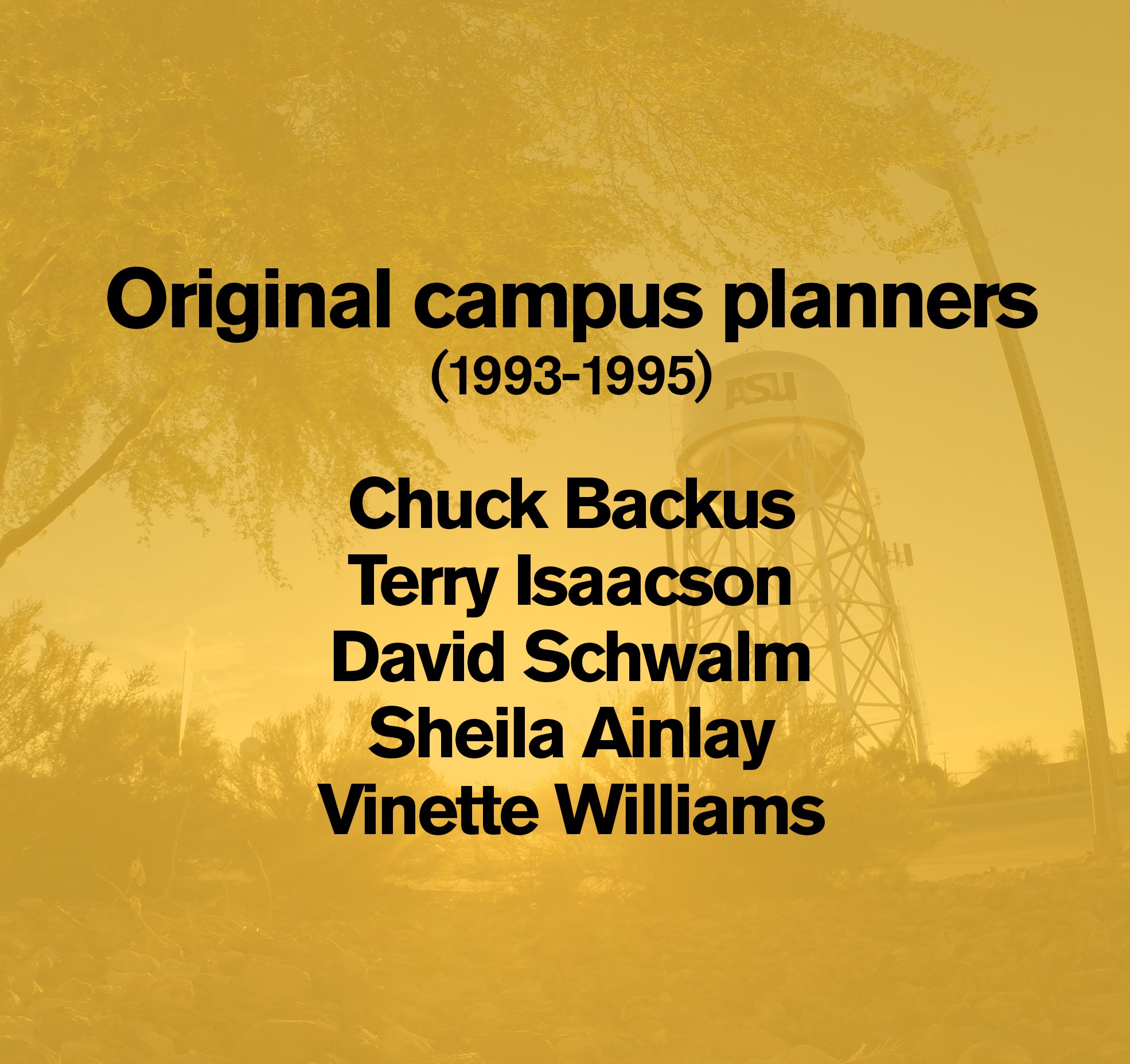 Graphic with the names of the Polytechnic campus original planners: Chuck Backus, Terry Isaacson, David Schwalm, Sheila Ainlay, Vinette Williams