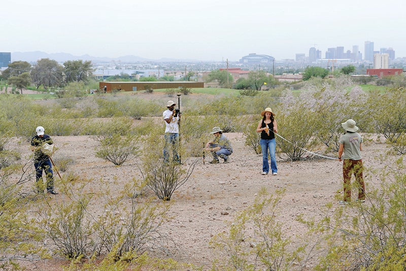 Five scientists use instruments to make measurements in a patch of desert just outside Phoenix