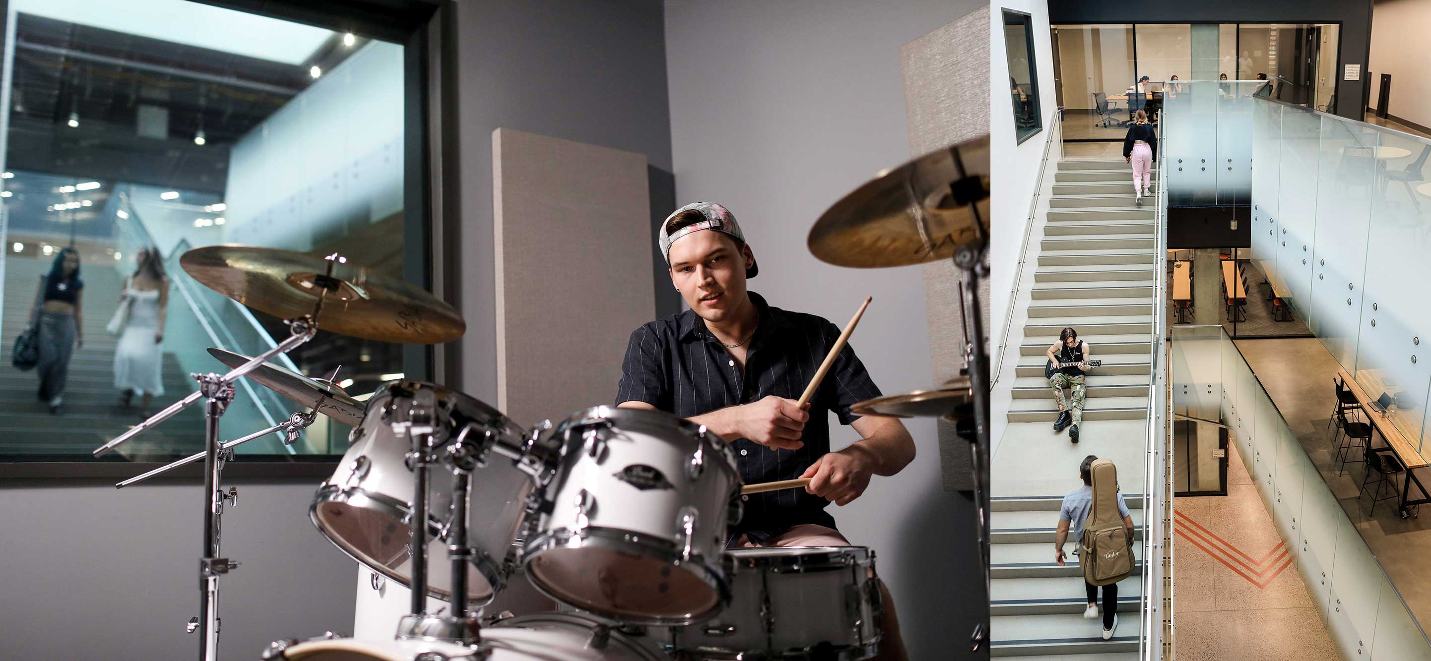 man playing drums and people walking up and down stairs