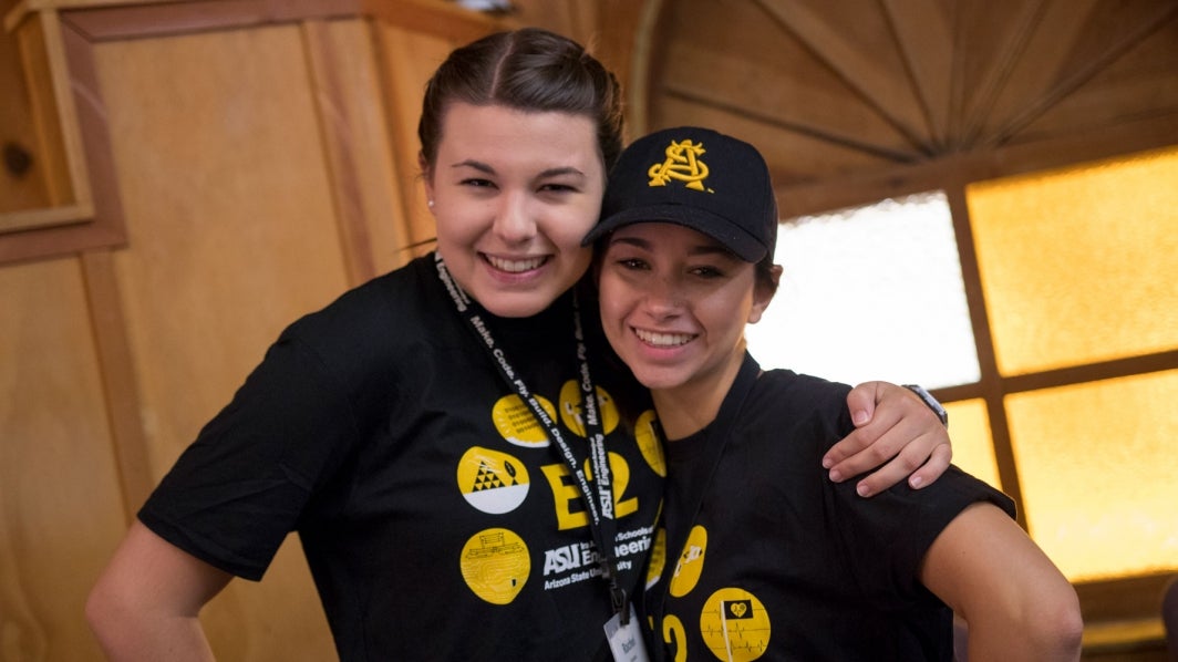 Rachel Scheller and Elizabeth Jones at an E2 welcome event for incoming Fulton Schools students.