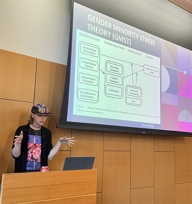 Empowerment Lab doctoral student gestures while presenting from lectern with slide visible on gender minority stress theory