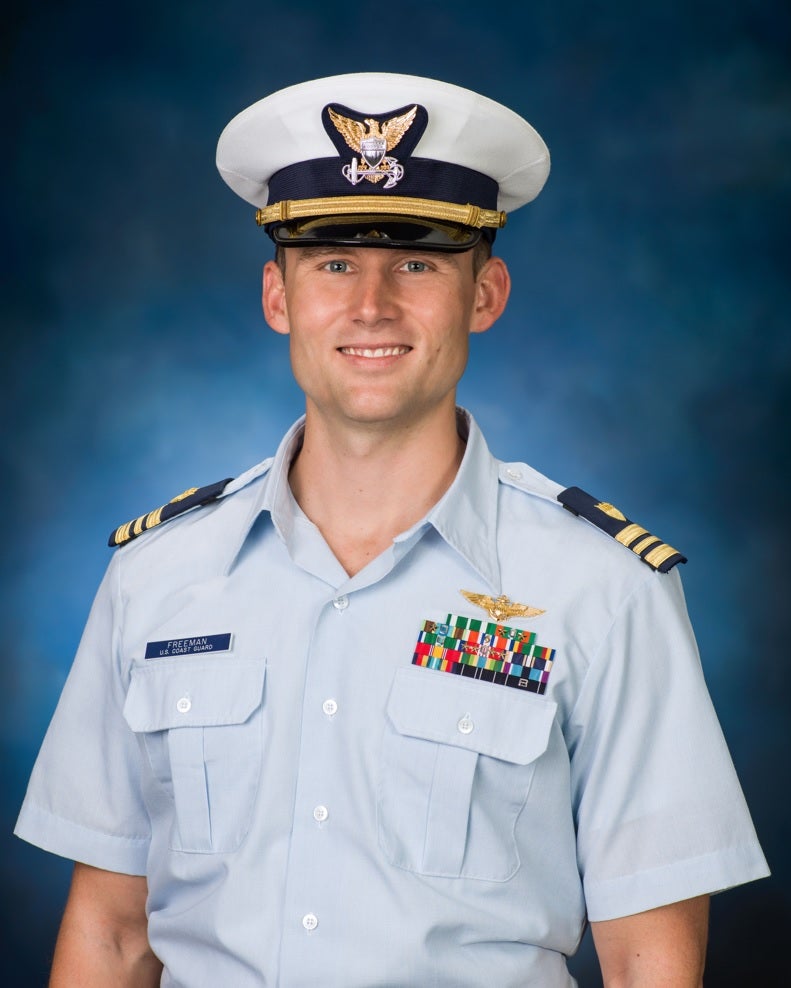 Portrait of ASU Online student Mike Freeman in his Coast Guard uniform.