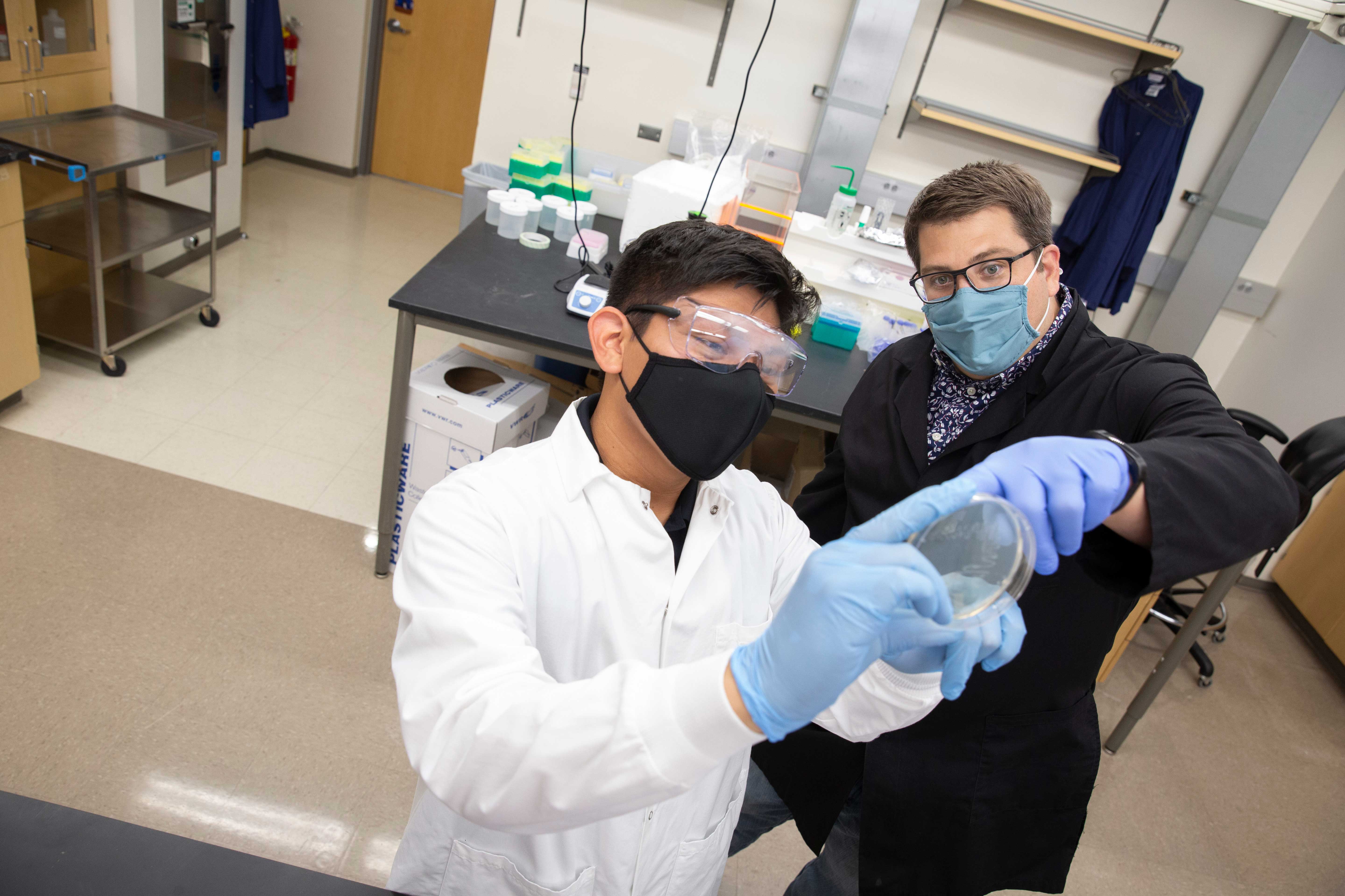 Engineering student and professor working in lab