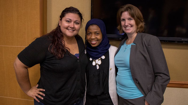 Coordinator Senior for Undergraduate Student Engagement Jade Silva, recent biomedical engineering graduate Mariama Salifu and Lecturer and Director of the ASU Grand Challenge Scholars Program Amy Trowbridge. Photographer: Marco-Alexis Chaira/ASU