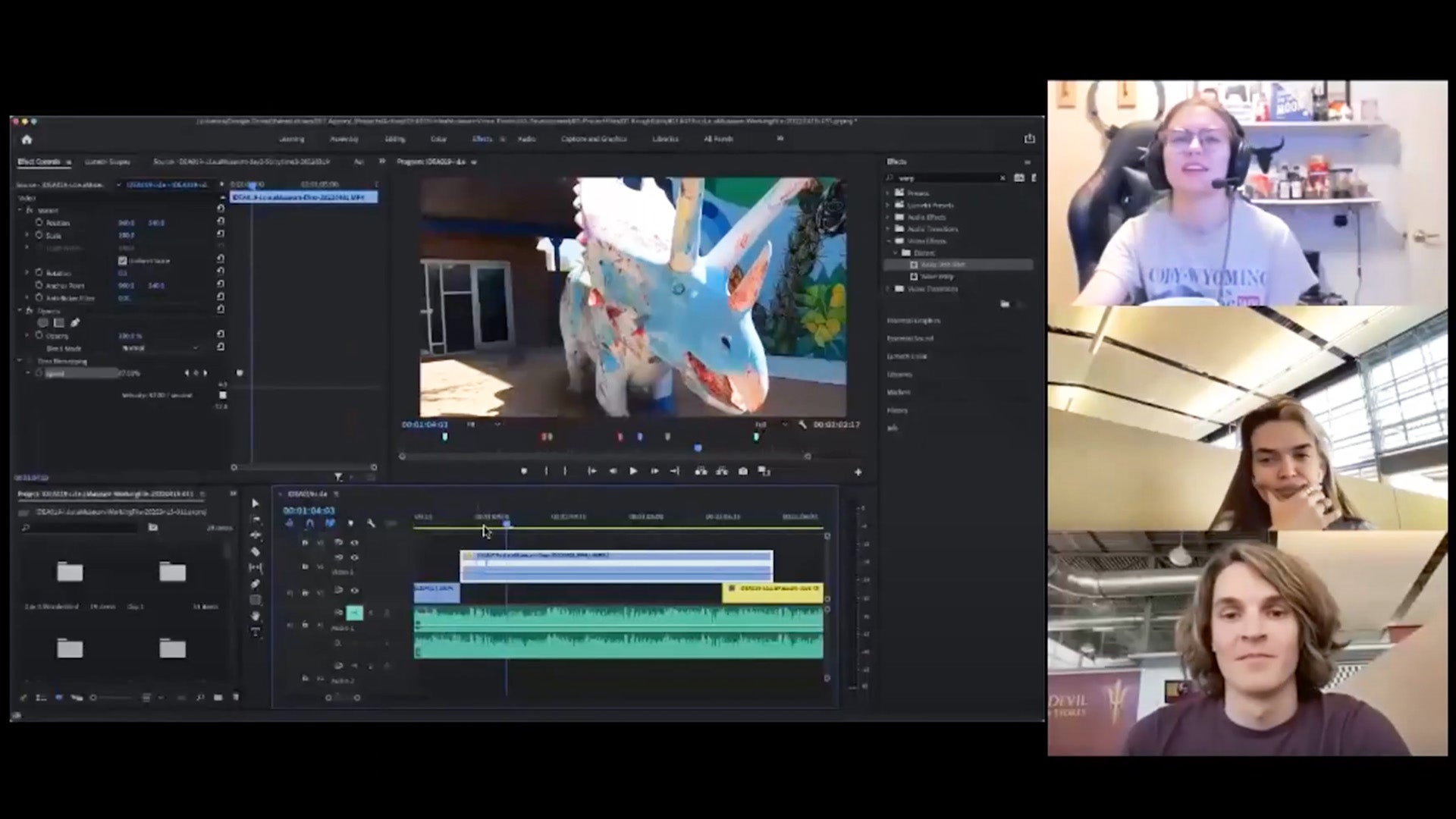 Screenshot of ASU students working together in a virtual meeting space on a video project.