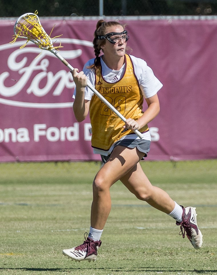 Hanna Schuler, ASU women's lacrosse team playing the sport on a field