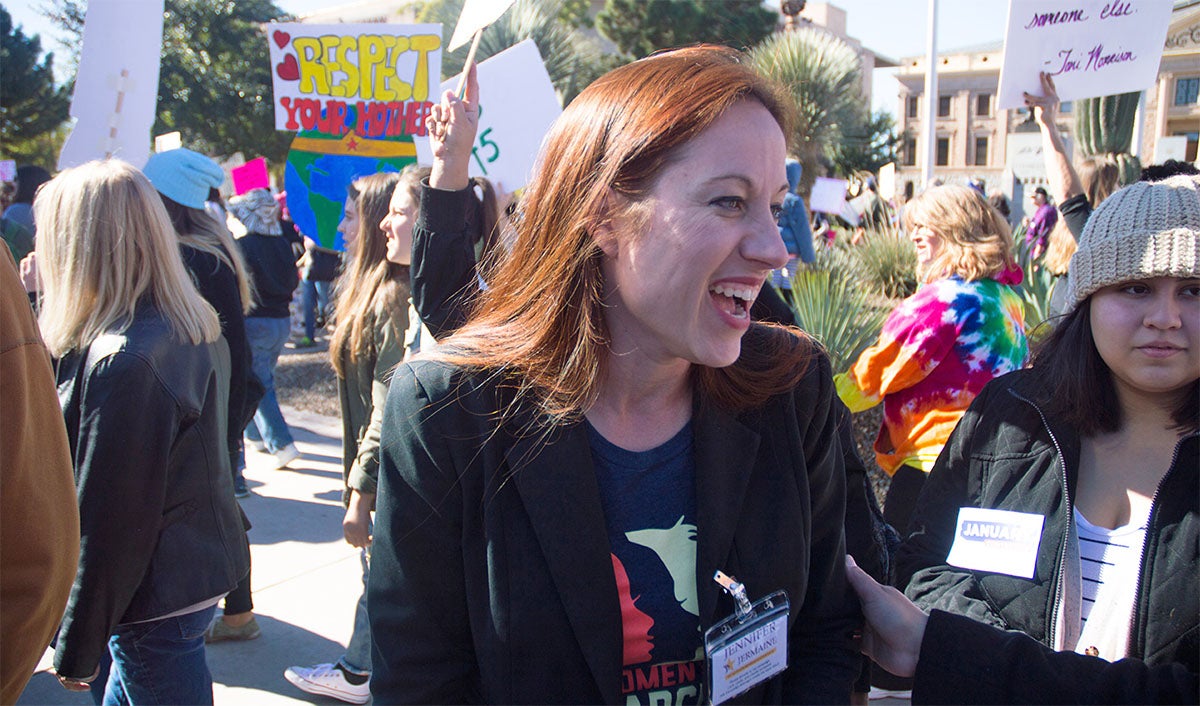 Jennifer Jermaine participates in a march at the state capitol earlier in this year. 