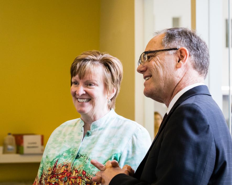 Krista Ratcliffe and Patrick Kenney at Ross-Blakley Hall open house on Oct. 31, 2017 / Photo by Bruce Matsunaga