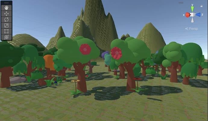 Computer screen showing a digital rendering of trees with flowers.