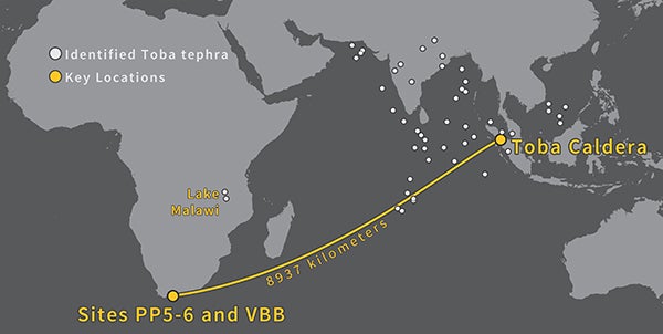 Map of volcanic ash disbursement-Mt. Toba to Mossel Bay PP5-6