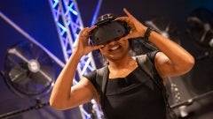 Girl wearing a virtual reality headset.