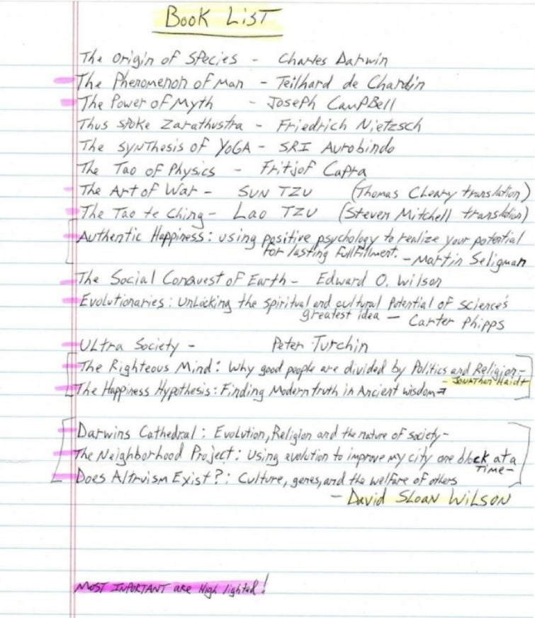 Handwritten list of interdisciplinary books.