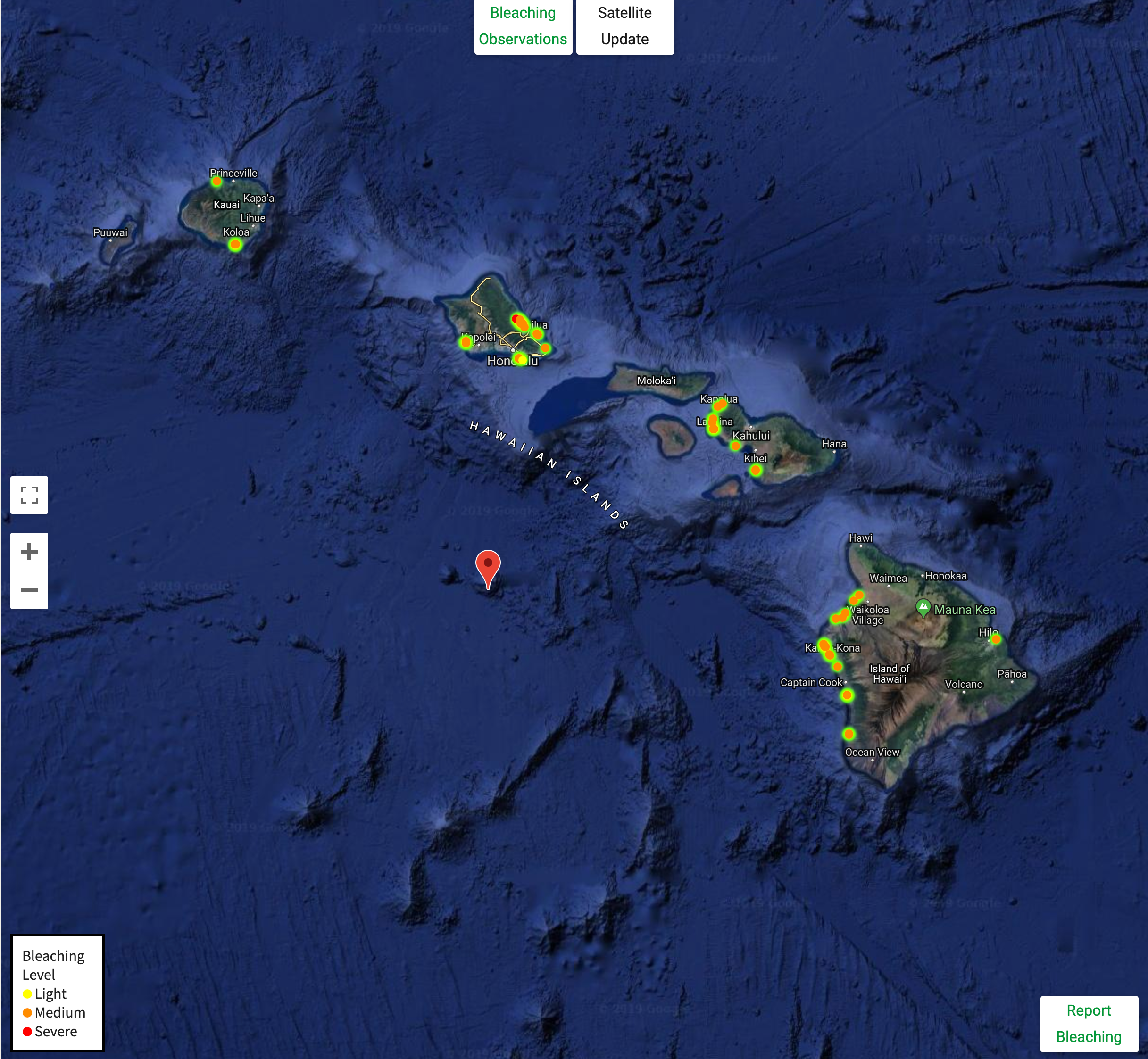 A map showing reports of coral bleaching events