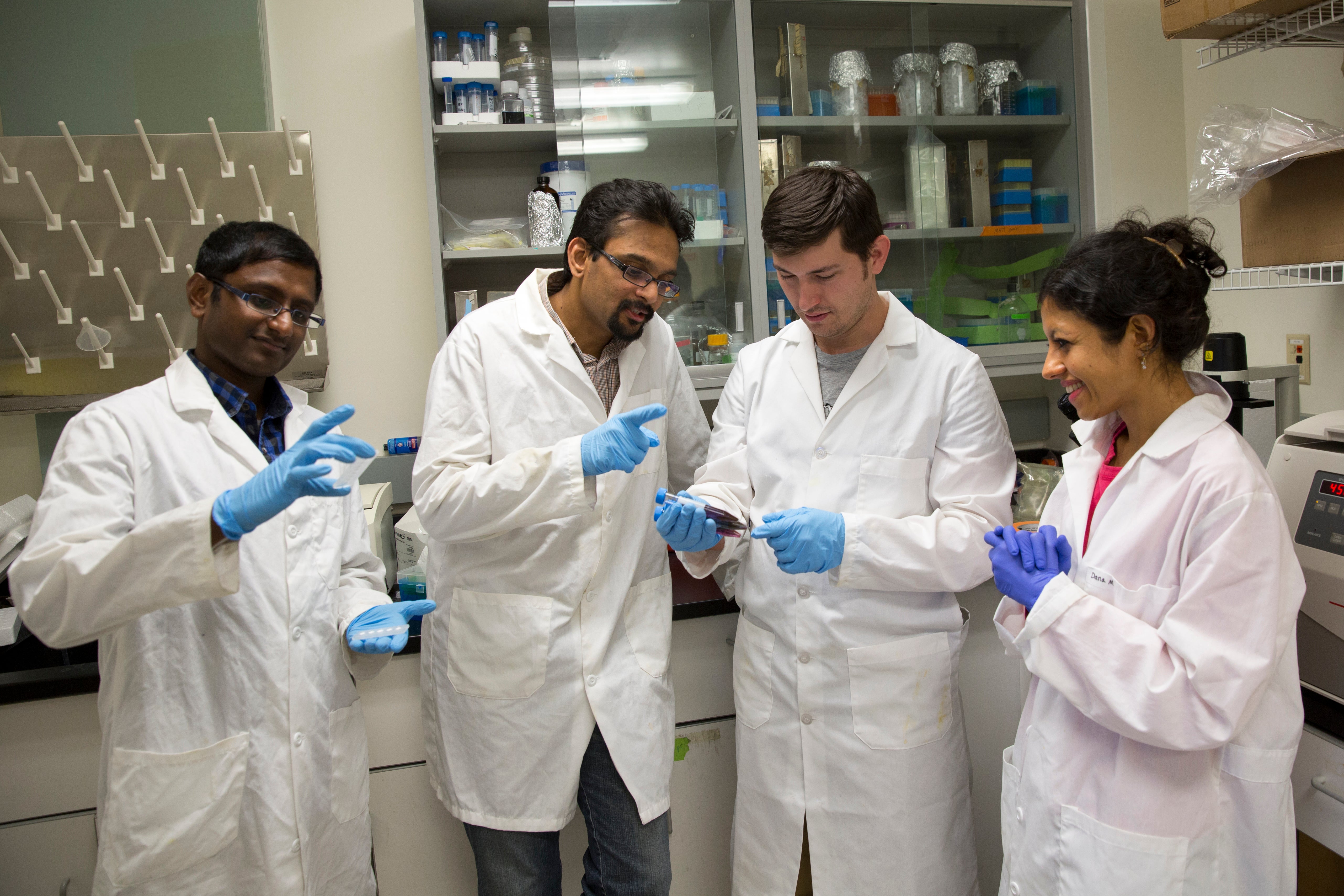 four people working in lab