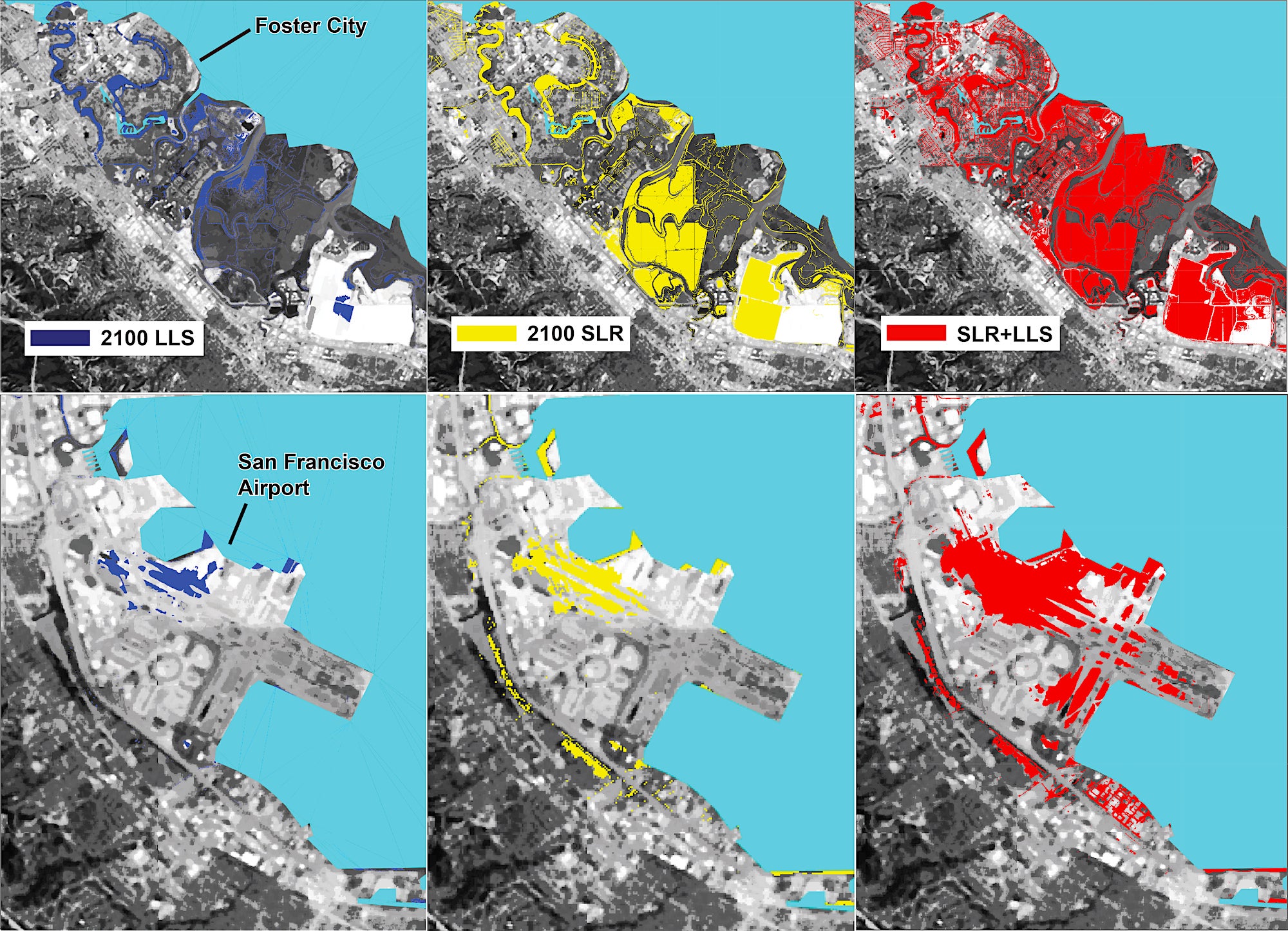 Map of Foster City and and San Francisco Airport showing areas of potential flooding