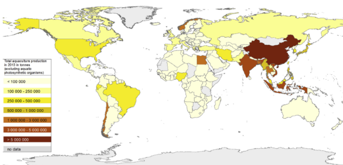 Map of the world with different regions in different colors to illustrate where aquaculture is becoming more common.