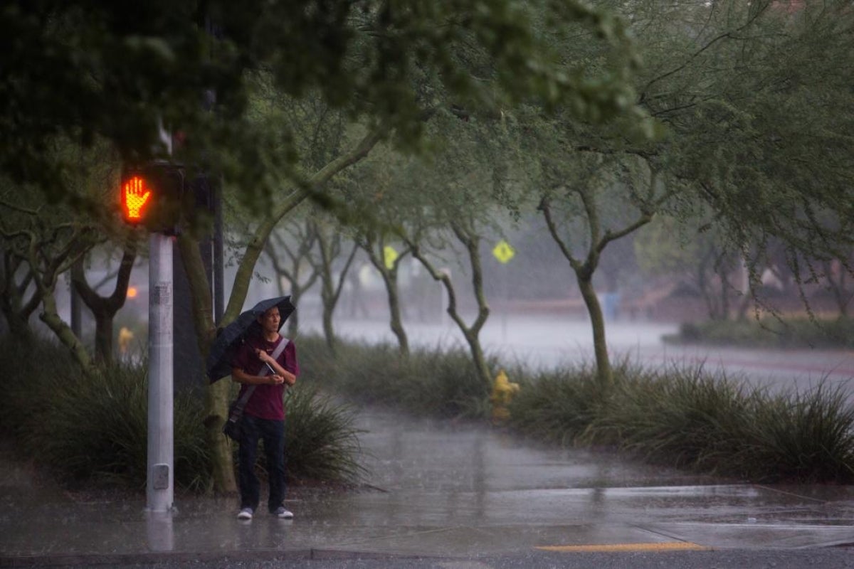 Rain pours on Tempe campus in Tempe, Arizona