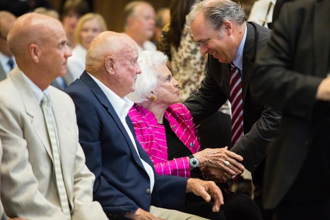 Sandra Day O'Connor greets visitors at the grand opening of the new law building.