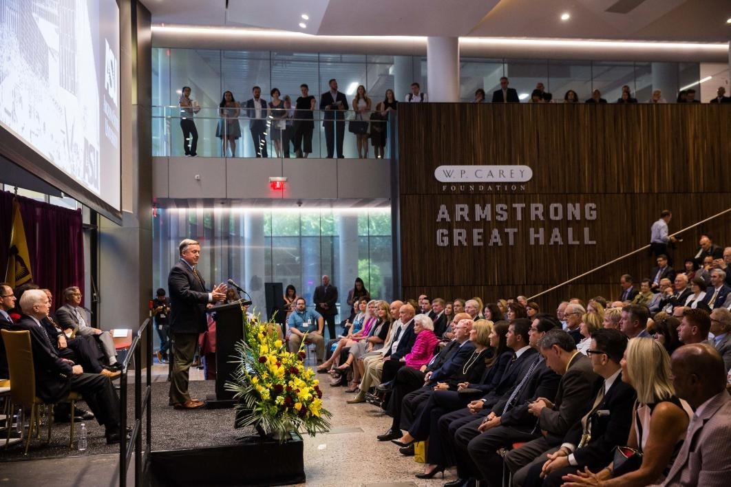 ASU President Michael Crow speaks at the law center opening.