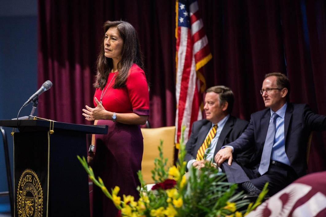 U.S. District Court Judge Diane Humetewa speaks at the law center opening.