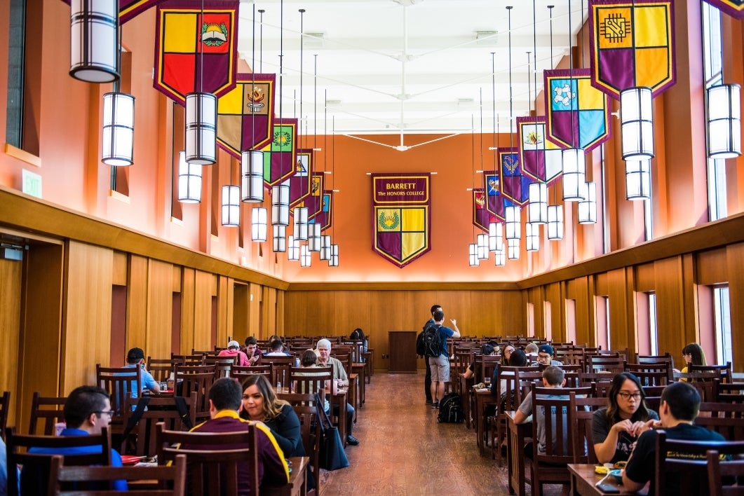 Barrett dining hall with displayed banners