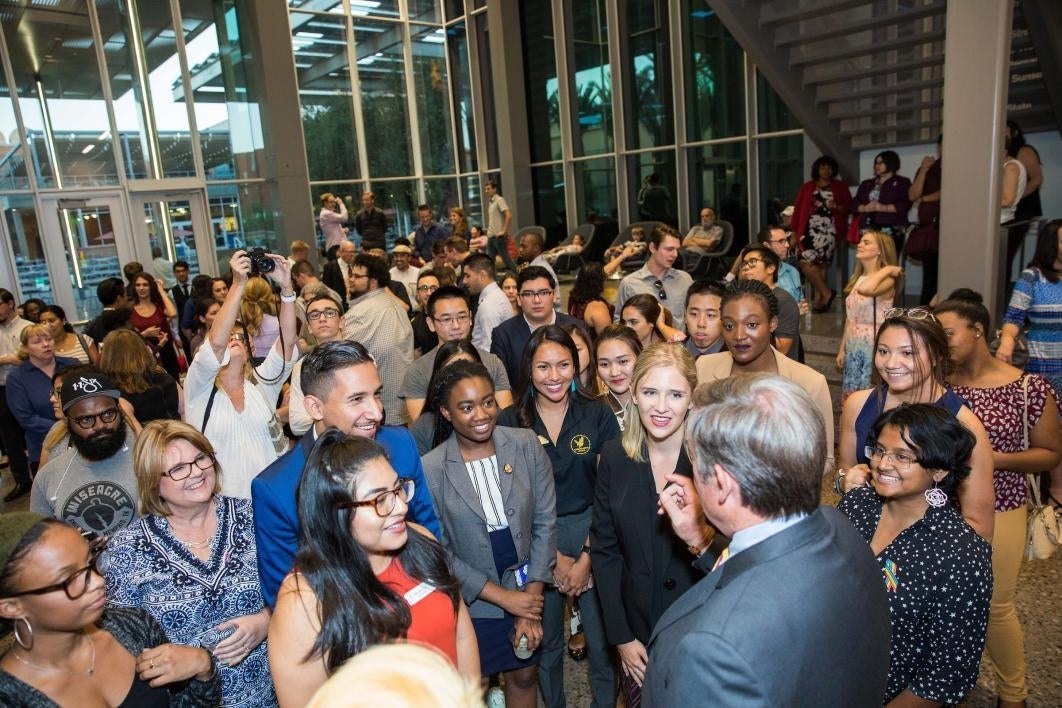 ASU President speaking to crowd of students