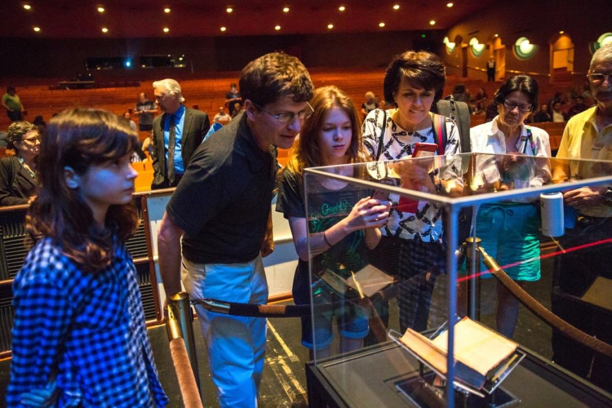 People look at the Federalist Papers in a case at ASU Gammage