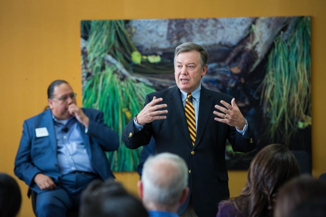 ASU President Michael Crow speaks to a crowd