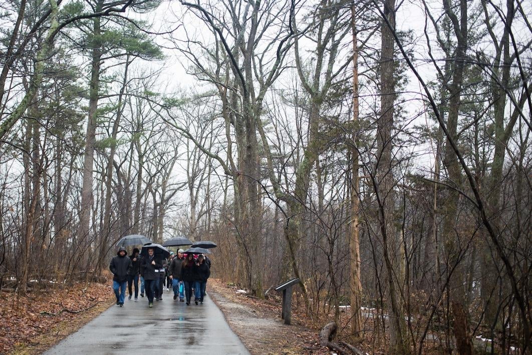 People walking in the rain