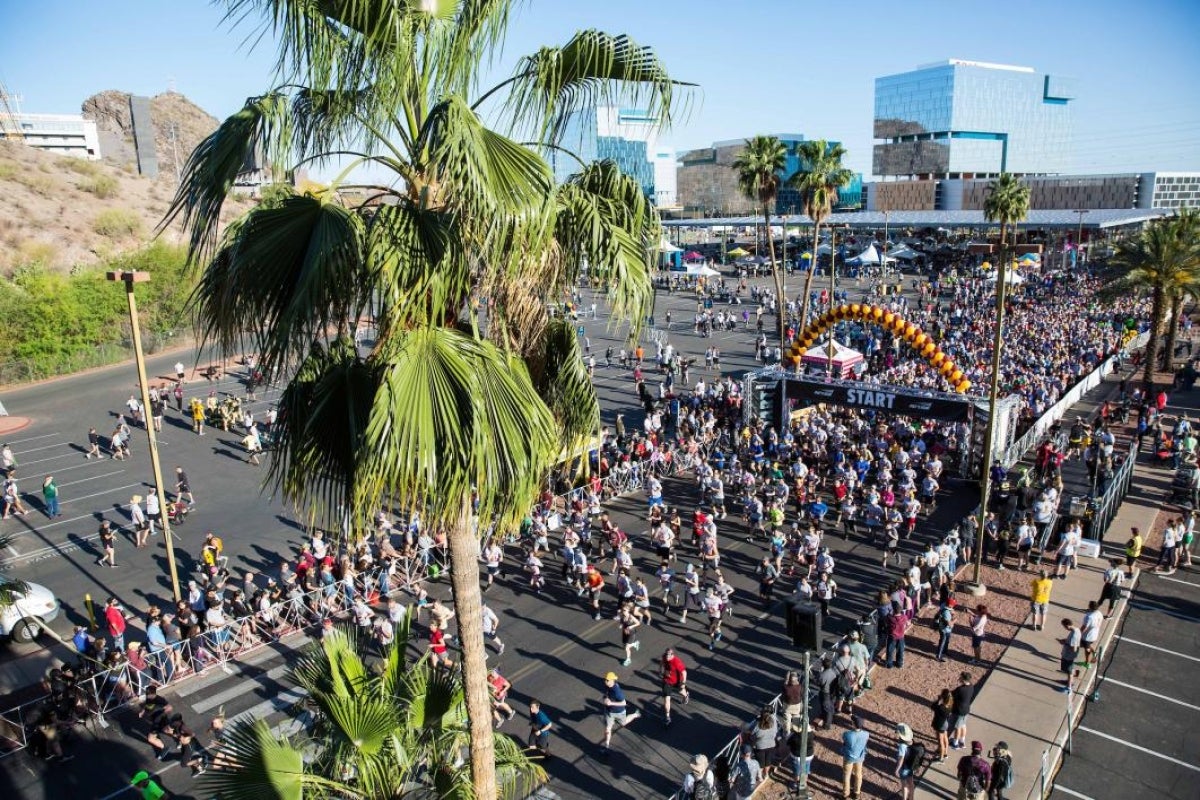 aerial view of runners at race