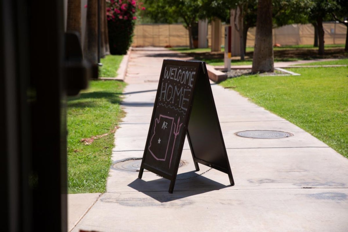 A welcome sign on the Tempe campus