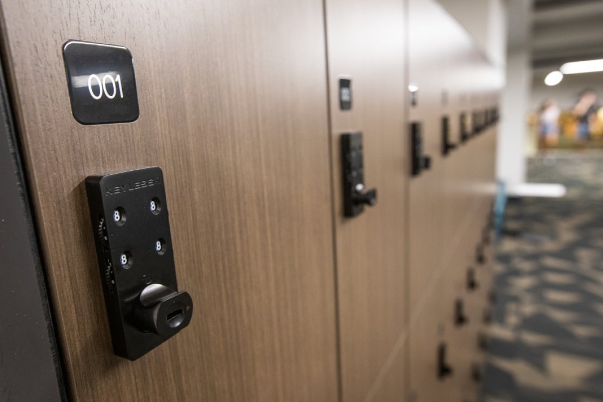 row of wood-paneled lockers