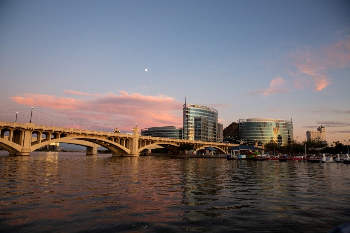 Bridge across Tempe Town Lake at sunset