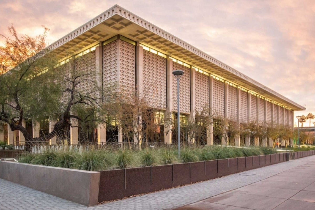 Exterior of Hayden Library at dawn