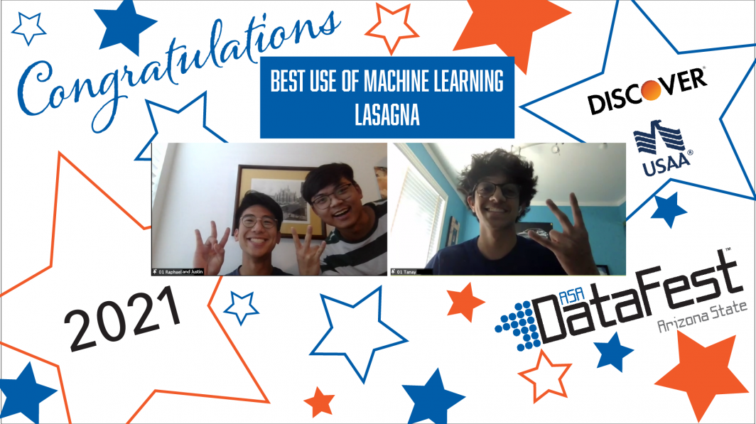 Team Lasagna wins Best Use of Machine Learning award at ASA DataFest 2021.