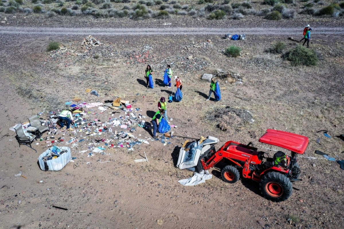 View above of riverbed with trash in it