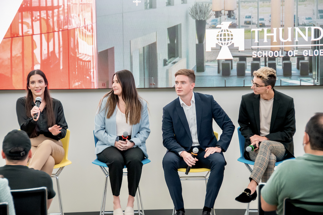 Oleynik (second from right) speaks at a student panel in Thunderbird’s Haas Digital Global Forum.