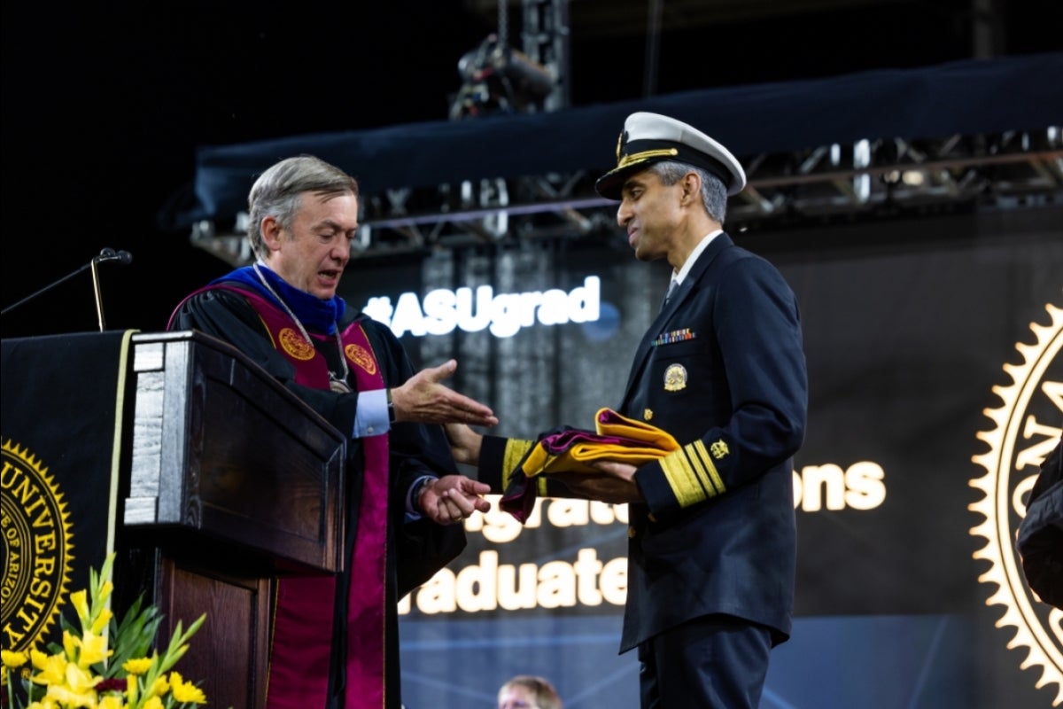 ASU President Michael Crow and US Surgeon General Vivek Murthy shake hands