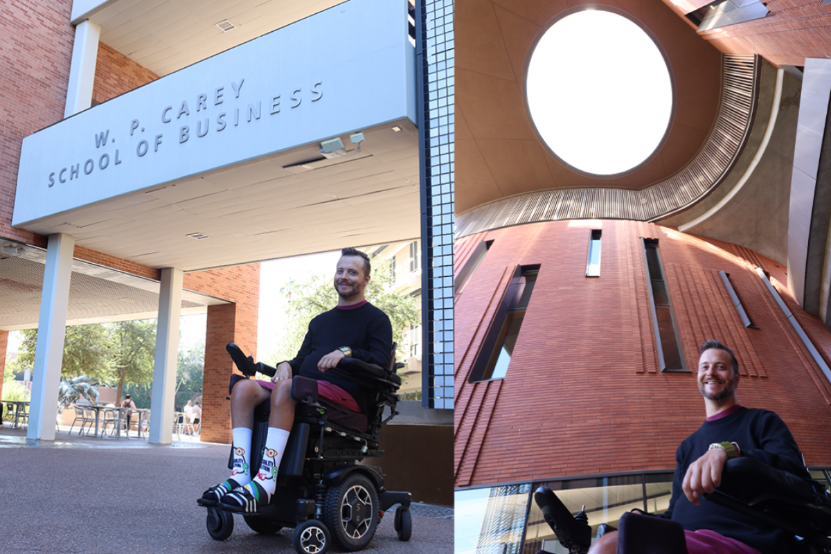 Garrett Tanner posing outside the W. P. Carey School of Business building on ASU's Tempe campus.