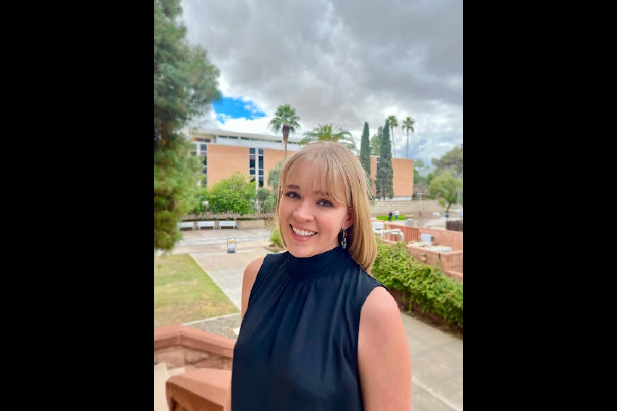 Kylie Wetnight headshot with ASU campus in background