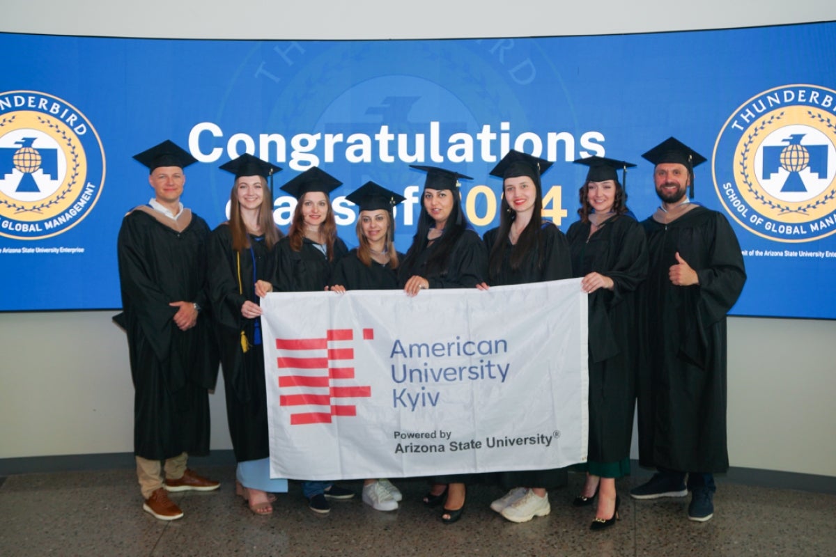 Eight American University Kyiv (AUK) graduates including Yulia Shtaltovna, Taras Dumych, Ruslan Hutnikov, Kateryna Karavan, Roman Makarchuk and Anna Omelchuk attended Thunderbird spring 2024 convocation exercises at Thunderbird Global Headquarters in downtown Phoenix. 