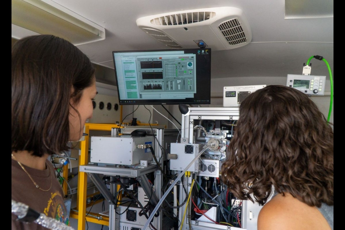 Two women looking at air quality monitoring devices.