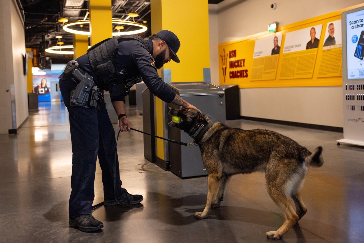 Man in a police uniform petting a dog with a tennis ball in its mouth.