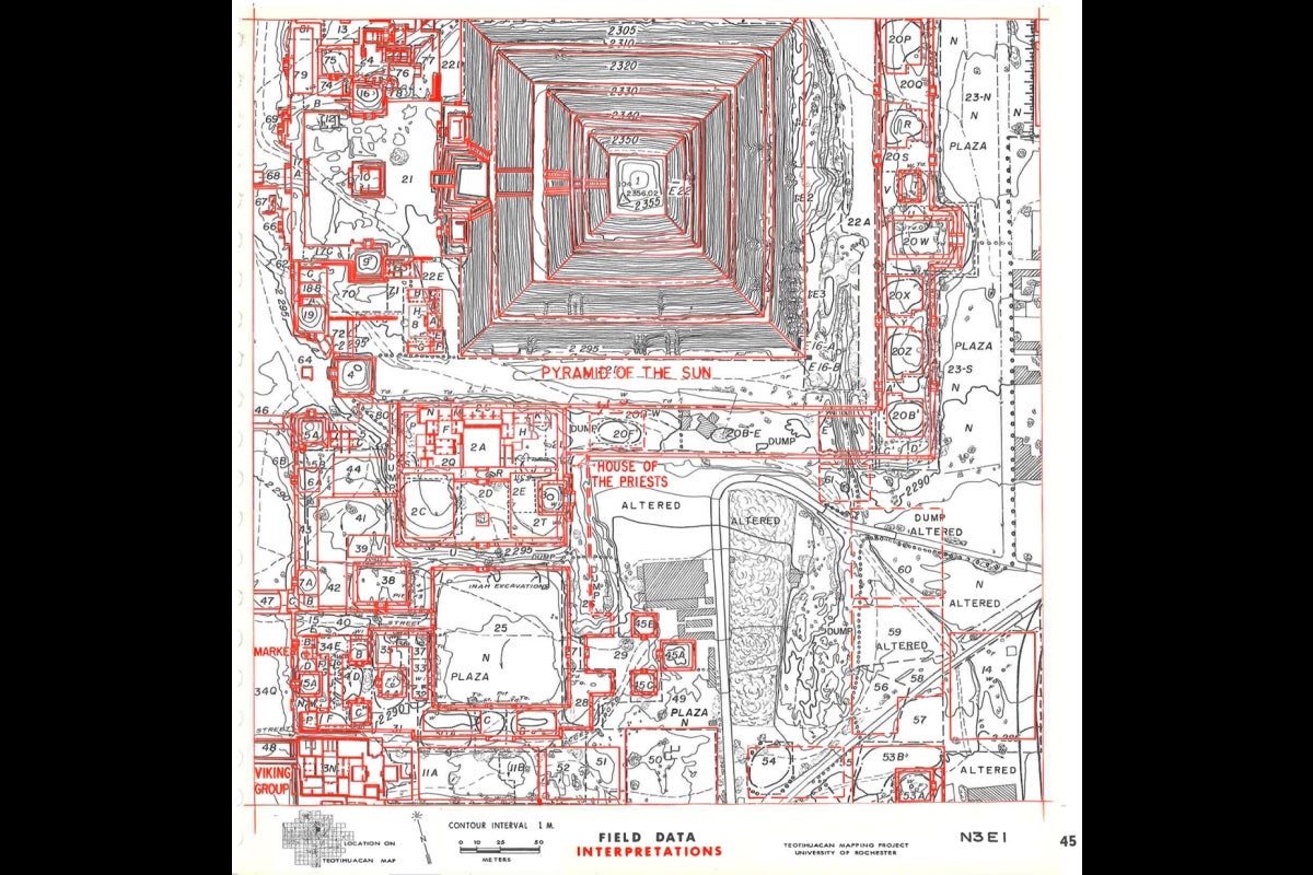 Hand-drawn map of Teotihuacan archaeological site.